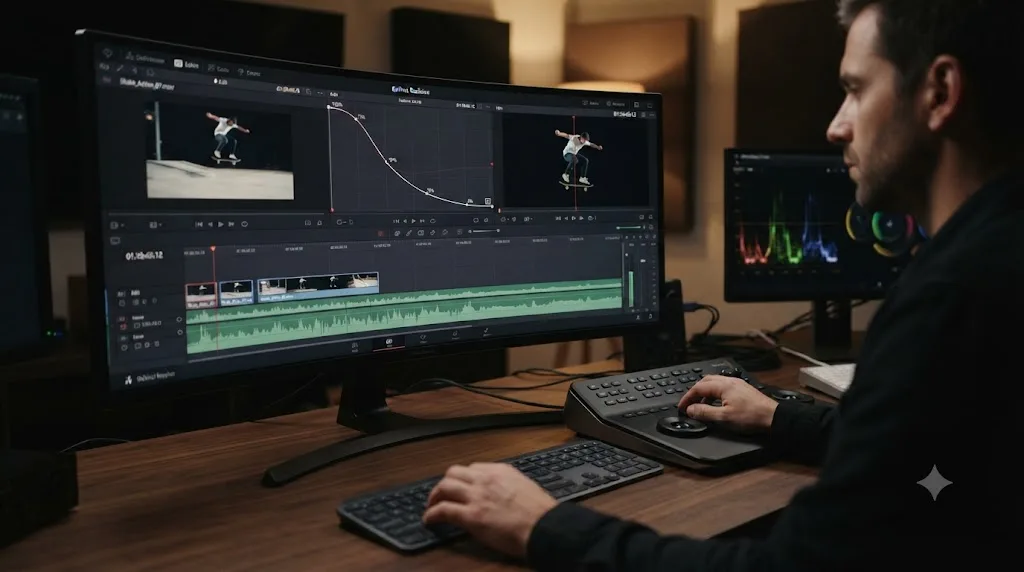 Illustration of a DaVinci Resolve clip decelerating along a retime curve into a frozen still frame