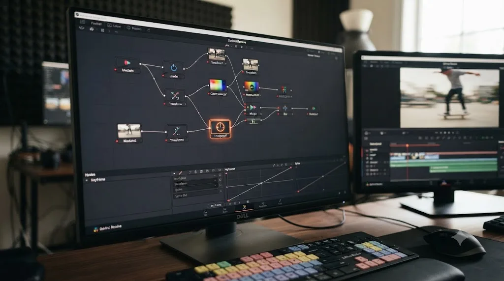 Illustration of a Fusion node graph with a Time Speed node highlighted among other compositing nodes