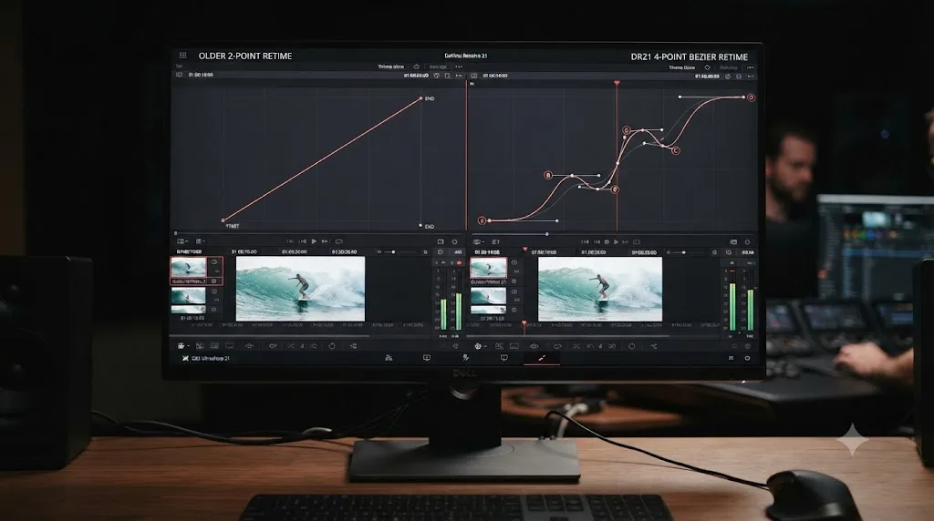 Illustration comparing an older two-point retime curve against a DaVinci Resolve 21 four-point Bezier retime curve