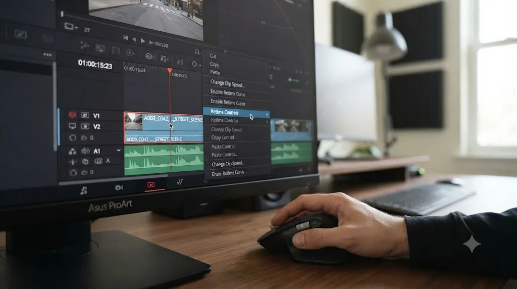 Illustration of a hand right-clicking a DaVinci Resolve timeline clip to open the Retime Controls contextual menu
