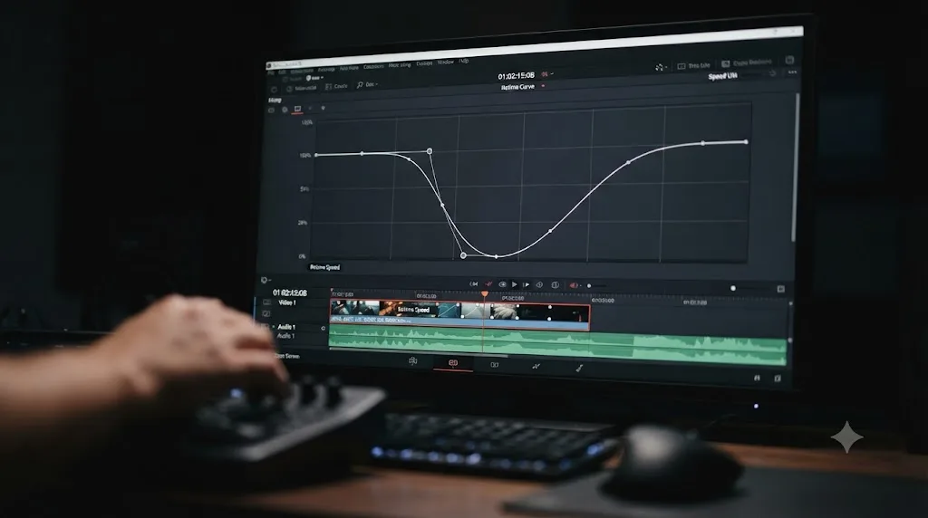 Illustration of a DaVinci Resolve Retime Curve panel with Bezier handles shaping a speed ramp curve