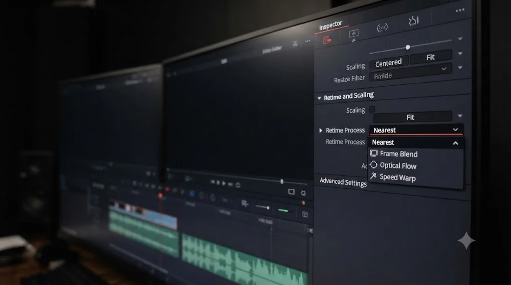 Illustration of a DaVinci Resolve Inspector panel showing the Retime Process dropdown with Nearest, Frame Blend, Optical Flow, and Speed Warp options