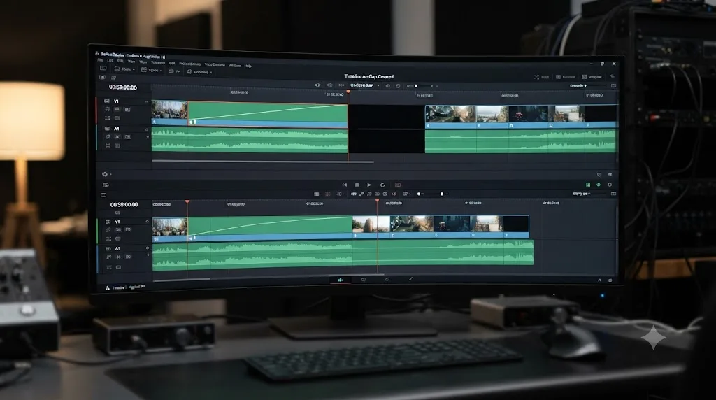 Illustration comparing an overwritten timeline gap against a rippled timeline shift after retiming a DaVinci Resolve clip