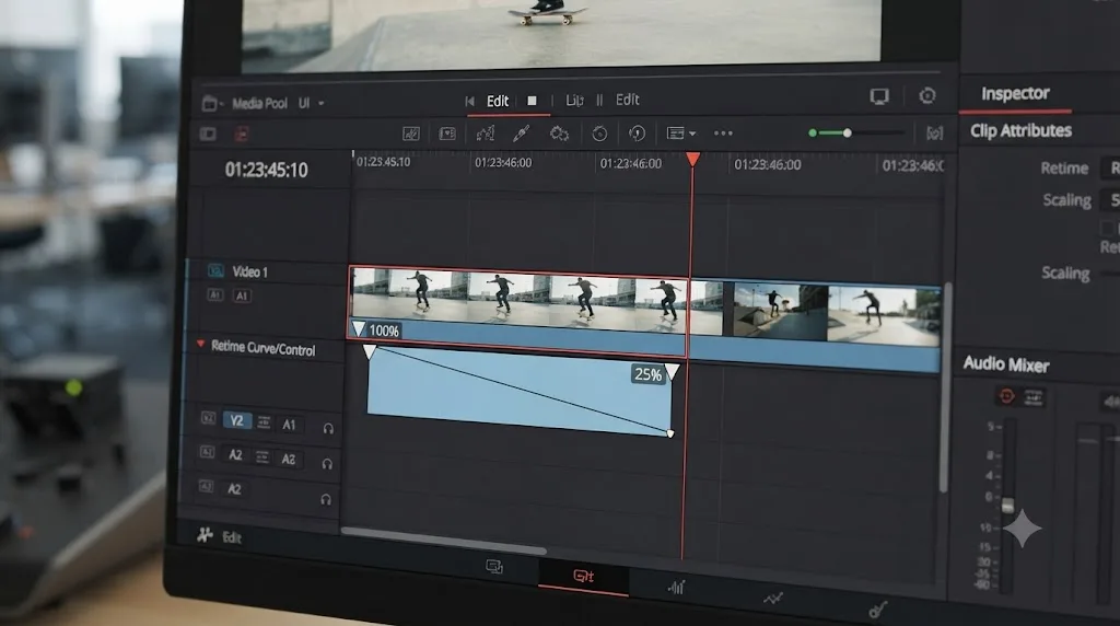 Illustration of a DaVinci Resolve timeline clip with two speed point markers at 100 percent and 25 percent speed