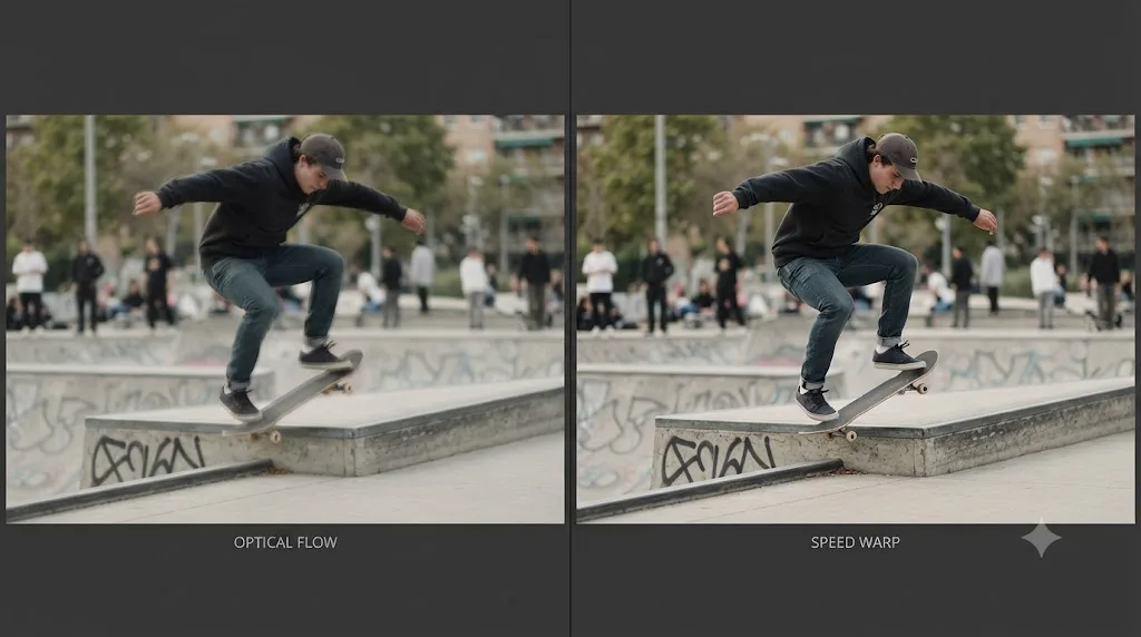 Illustration comparing an Optical Flow slow-motion frame against a Speed Warp slow-motion frame for the same footage