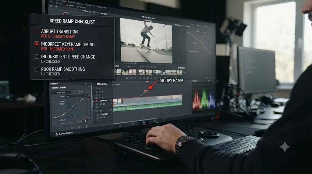 Illustration of a checklist overlay on a video timeline highlighting common speed ramping mistakes