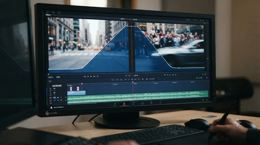 Illustration of two adjacent DaVinci Resolve timeline clips with mirrored speed ramps creating a whip-speed cut