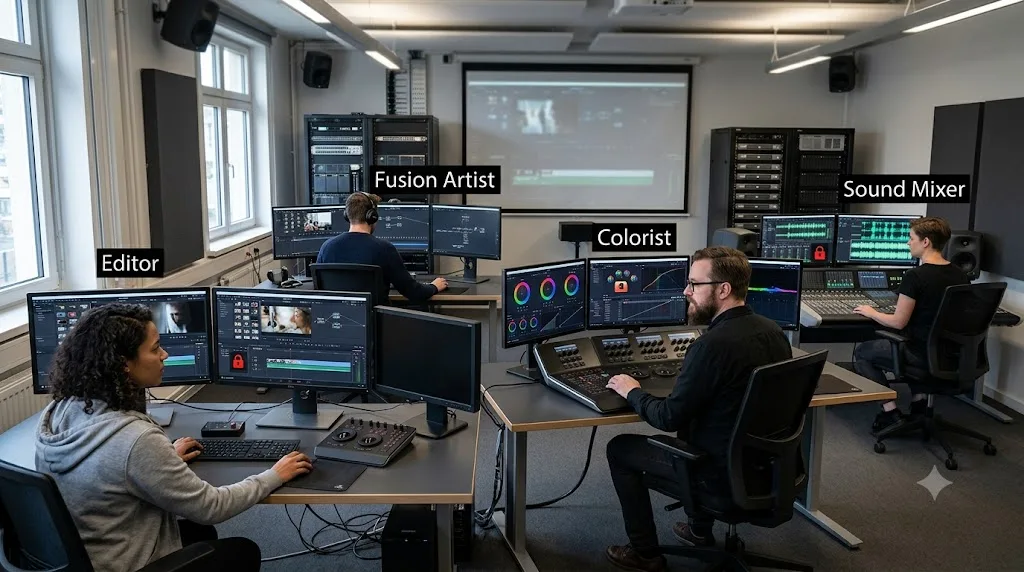 Illustration of four people collaborating on the same DaVinci Resolve project at once with locked bins and timelines