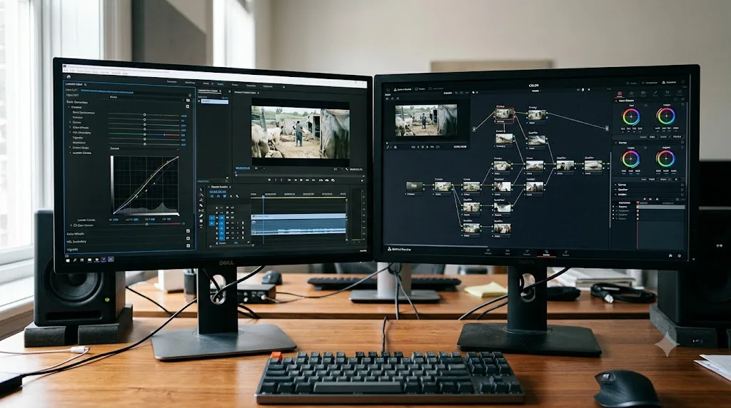Illustration comparing Premiere Pro's Lumetri color panel to DaVinci Resolve's node based Color page