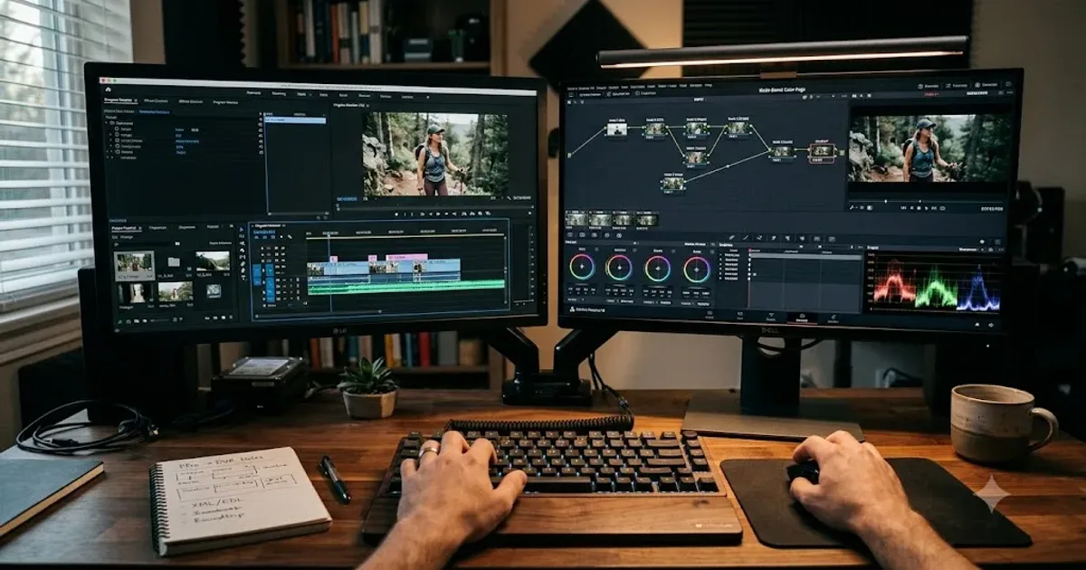 Illustration of a split screen showing a Premiere Pro style timeline transforming into a DaVinci Resolve node based workspace