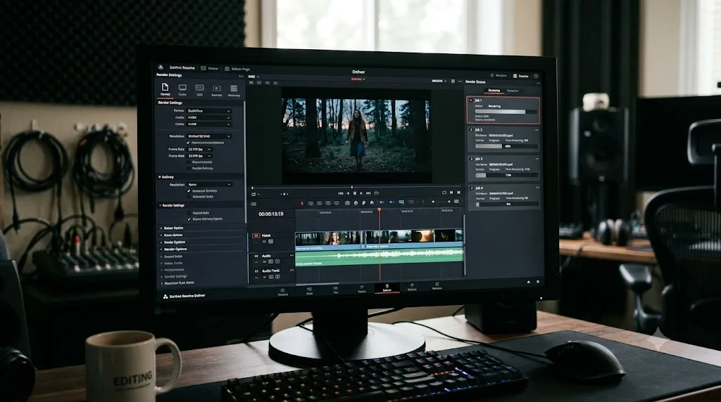 Illustration of the DaVinci Resolve Deliver page showing render queue settings and job progress