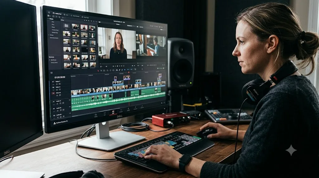 Illustration of an editor working confidently in the DaVinci Resolve Edit page while other pages remain untouched