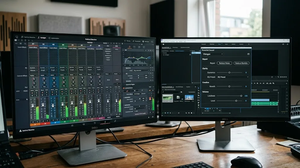 Illustration comparing DaVinci Resolve's Fairlight audio console to Premiere Pro's simpler Essential Sound panel