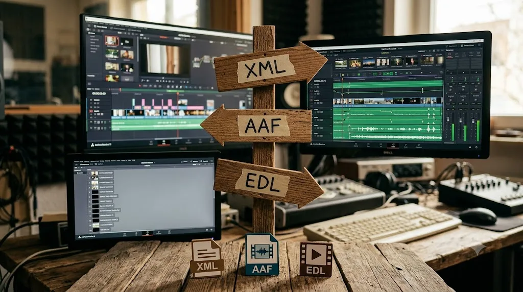 Illustration of a decision fork comparing XML, AAF, and EDL import outcomes in DaVinci Resolve