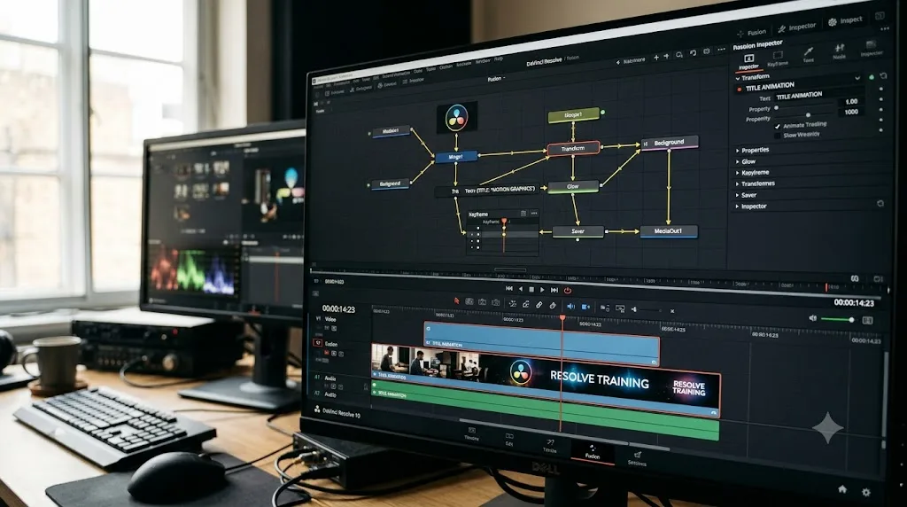 Illustration of a DaVinci Resolve Fusion node graph updating live inside the Edit page timeline