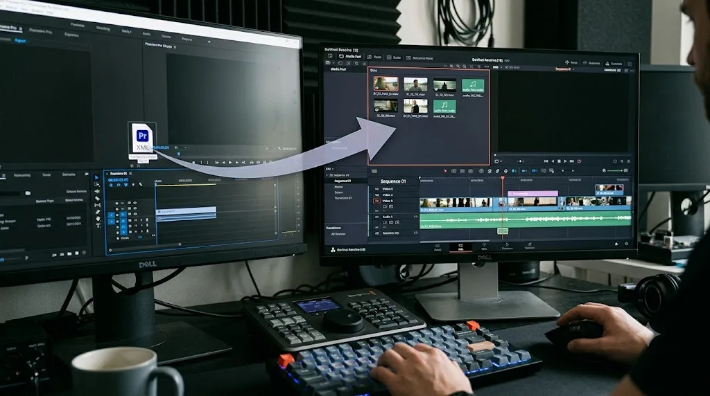 Illustration of an XML file being imported from Premiere Pro into the DaVinci Resolve Media Pool