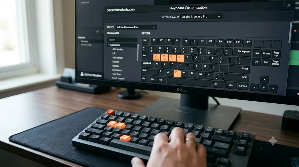 Illustration of a keyboard with remapped Q, W, and C keys next to the DaVinci Resolve keyboard customization window