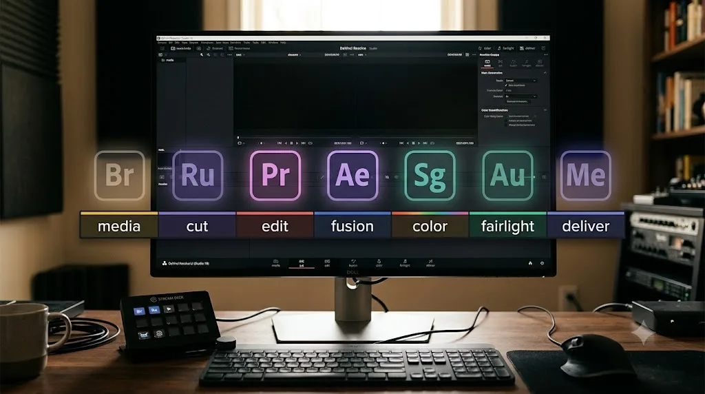 Illustration of DaVinci Resolve's seven page tabs each paired with the separate Adobe application it replaces