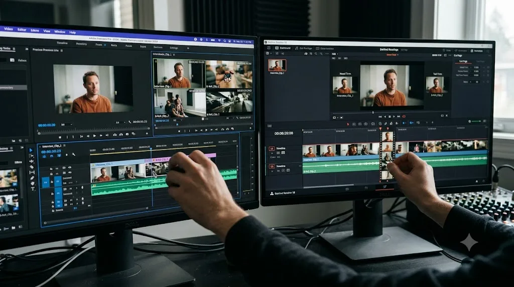 Illustration comparing a Premiere Pro trim gesture to a DaVinci Resolve Cut page trim gesture on a zoomed timeline