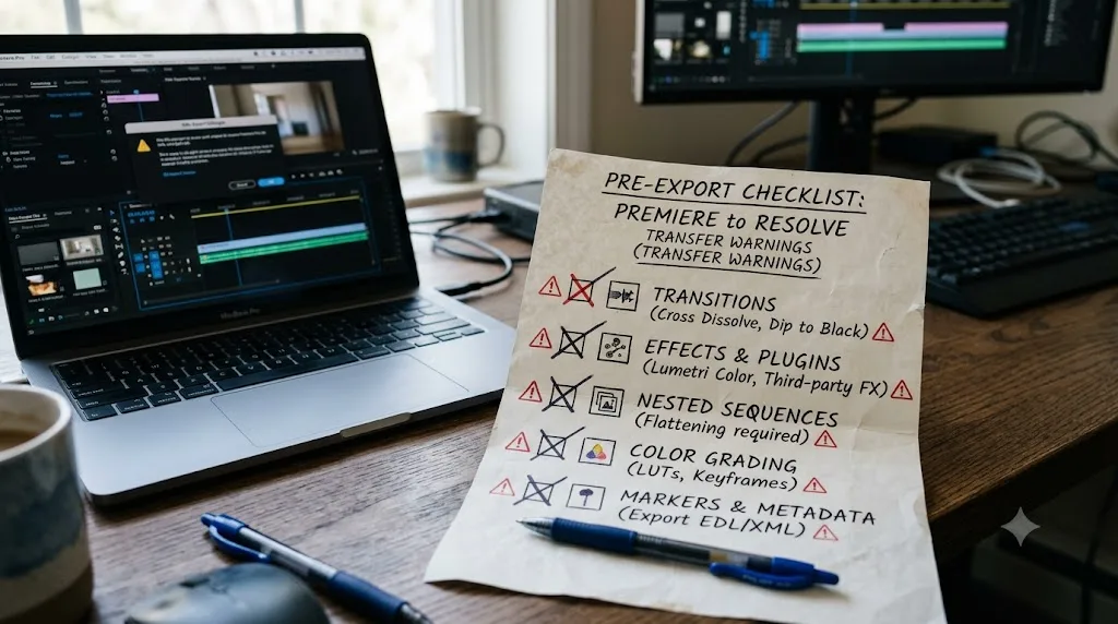 Illustration of a pre-export checklist for items that do not survive the transfer from Premiere Pro to DaVinci Resolve