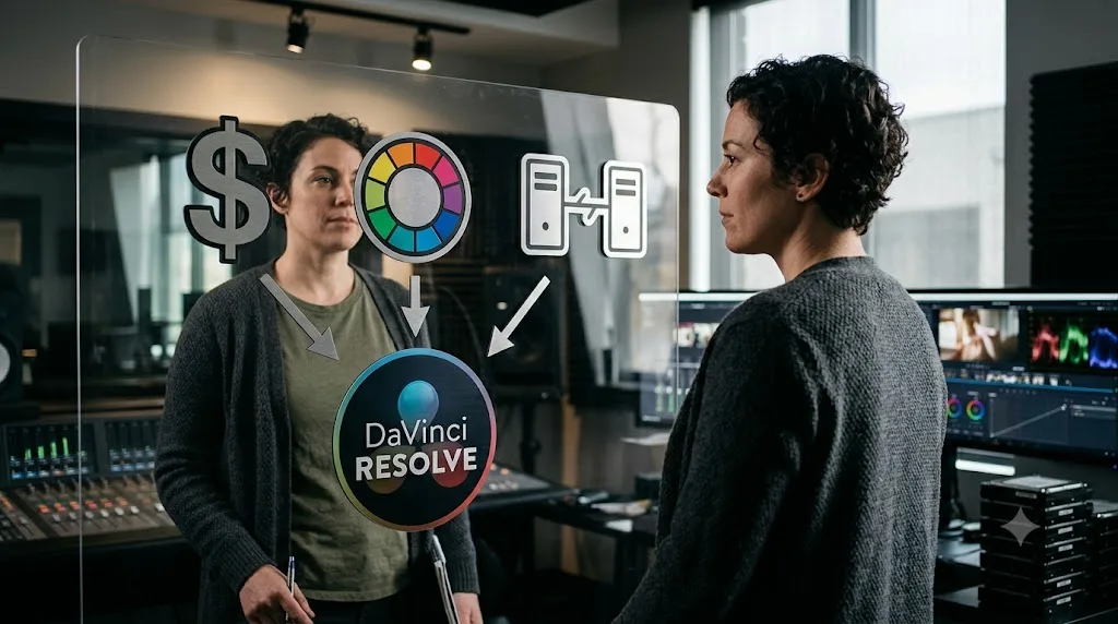 Illustration of three reasons editors switch to DaVinci Resolve: cost, grading depth, and studio standardization