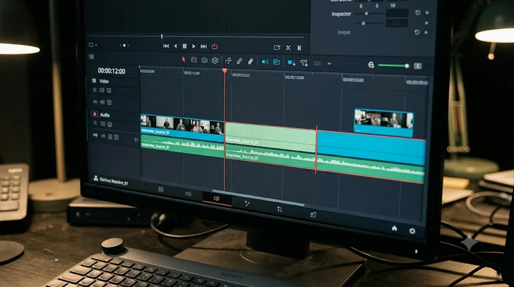 Illustration of a DaVinci Resolve timeline clip being split with the Blade tool at two cut points