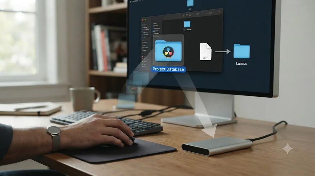Illustration of a DaVinci Resolve project database being backed up to an external drive alongside a separate exported .drp project file