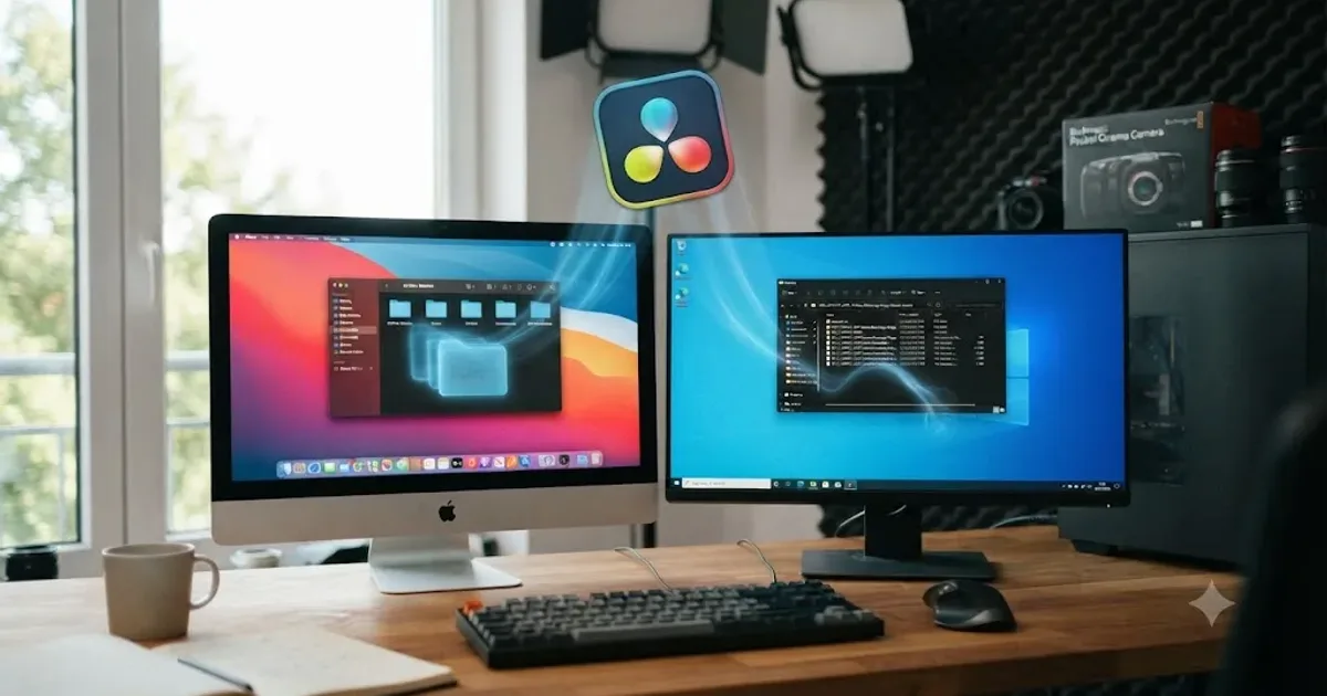 Illustration of a DaVinci Resolve icon being lifted off a Mac and Windows desktop with leftover folder and registry traces glowing underneath
