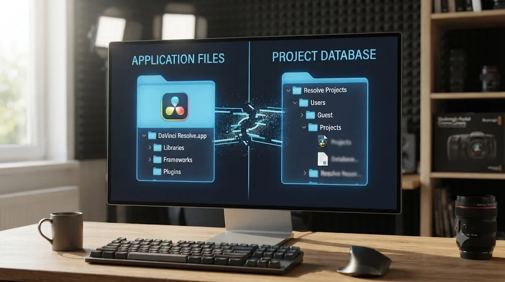Illustration of the DaVinci Resolve application and its project database shown as two separate, independent folder structures