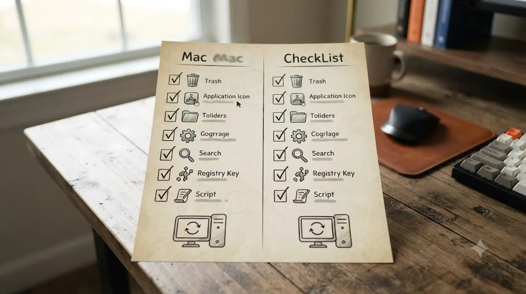 Illustration of a completed step-by-step checklist for uninstalling DaVinci Resolve on Mac and Windows