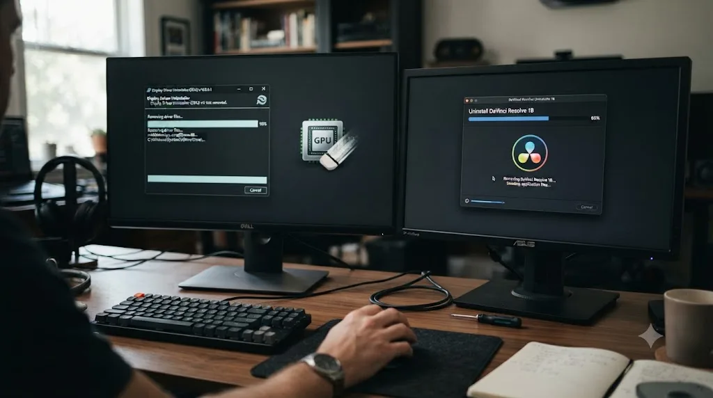 Illustration of a GPU driver being cleanly uninstalled with a driver removal tool alongside a separate DaVinci Resolve application uninstall