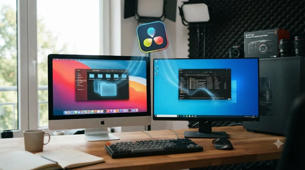 Illustration of a DaVinci Resolve icon being removed from a Mac and Windows desktop while leftover folder traces remain visible