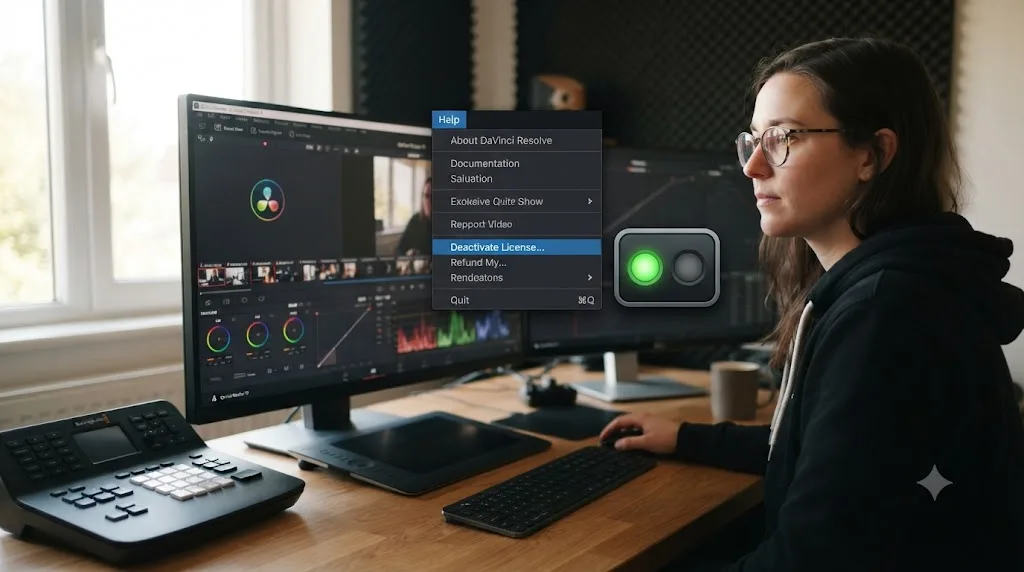 Illustration of DaVinci Resolve's Help menu with Deactivate License highlighted next to two license activation seats