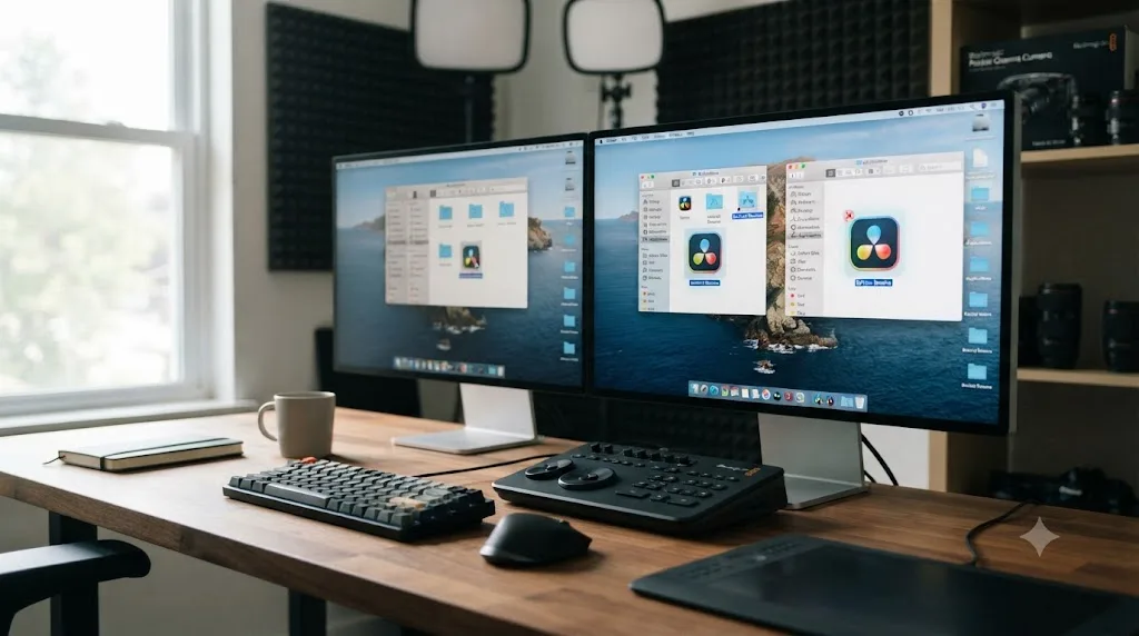 Illustration comparing two DaVinci Resolve Mac uninstall paths, the Uninstall Resolve utility and Launchpad app removal