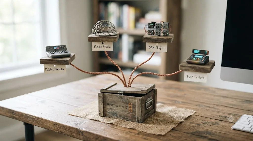Illustration of a tree diagram showing DaVinci Resolve, Fusion Studio, OFX plugins, and Fuse scripts as separate installations under a shared Blackmagic Design folder