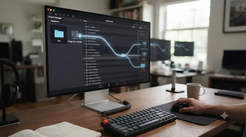 Illustration of a DaVinci Resolve Project Manager sidebar comparing a folder-icon Disk Database to a server-icon PostgreSQL database shared across workstations