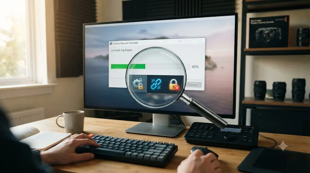 Illustration of a stuck DaVinci Resolve uninstall progress bar with a magnifying glass revealing a locked process, broken registry entry, and permissions issue