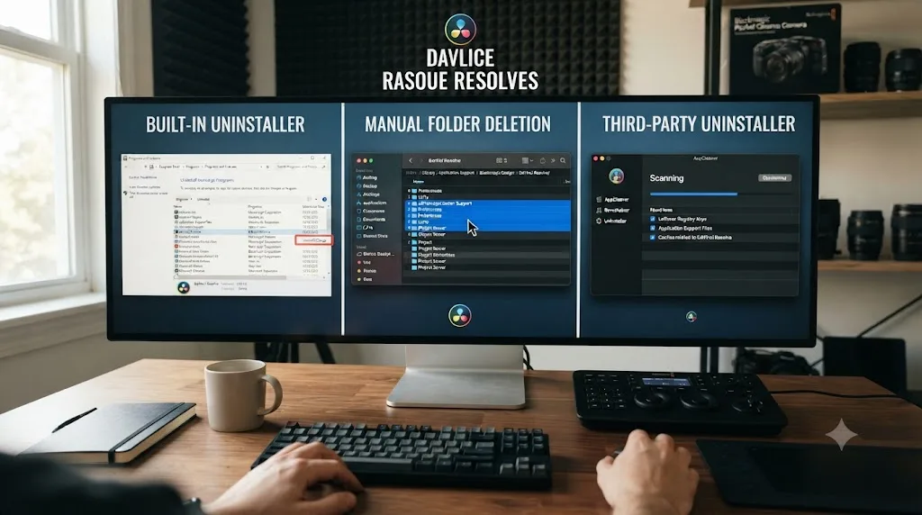 Illustration comparing a built-in uninstaller, manual folder deletion, and a third-party uninstaller tool for removing DaVinci Resolve