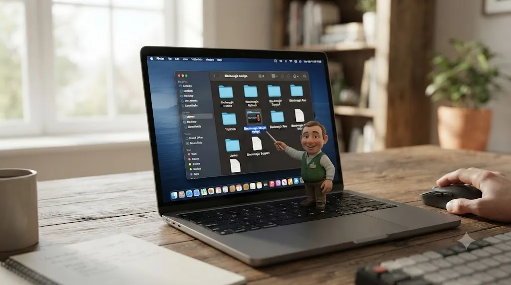 Illustration of the TryUncle assistant pointing at the correct Blackmagic Design folder in a Mac Finder window during a cleanup
