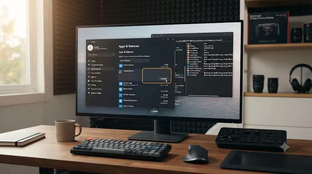 Illustration of the Windows Settings apps list uninstalling DaVinci Resolve alongside a Registry Editor showing the uninstall key