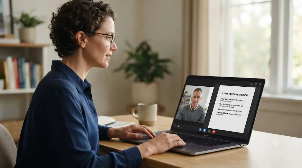 Illustration of a freelance editor on a video call with a client, showing a simple AI tools disclosure document on their laptop screen