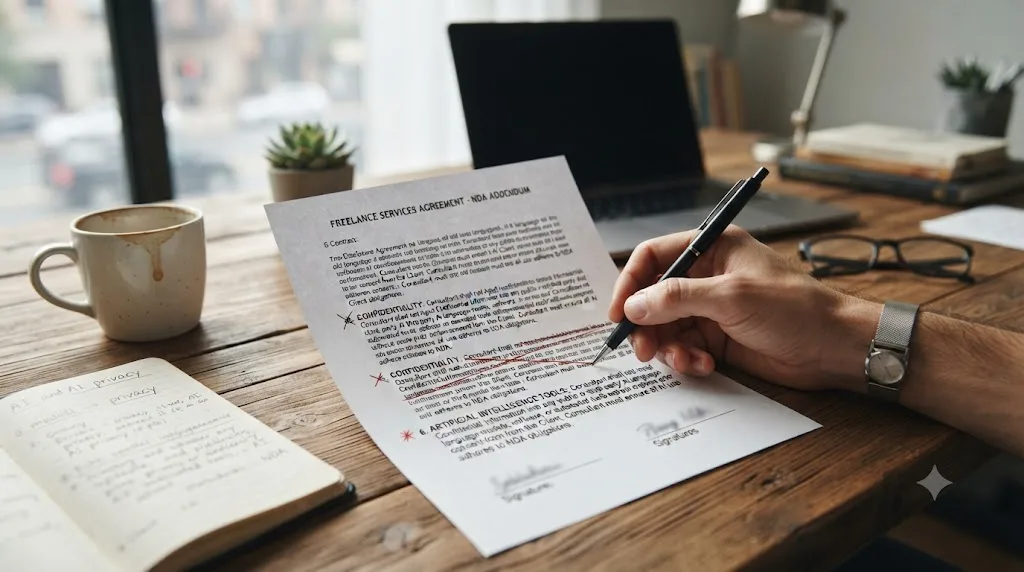 Illustration of a freelance editor's desk with a contract being redlined by hand to add a new AI tools clause