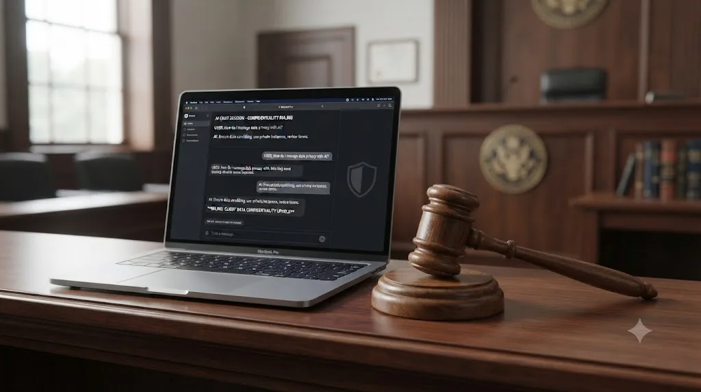 Illustration of a courtroom gavel beside a laptop displaying an AI chat interface representing a legal ruling on AI confidentiality