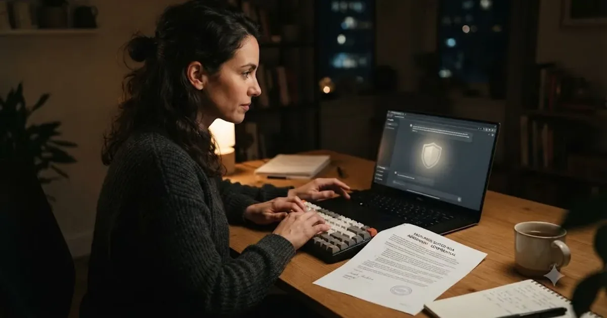 Illustration of a freelance editor at a laptop with a shield icon and an NDA document beside an AI chat window