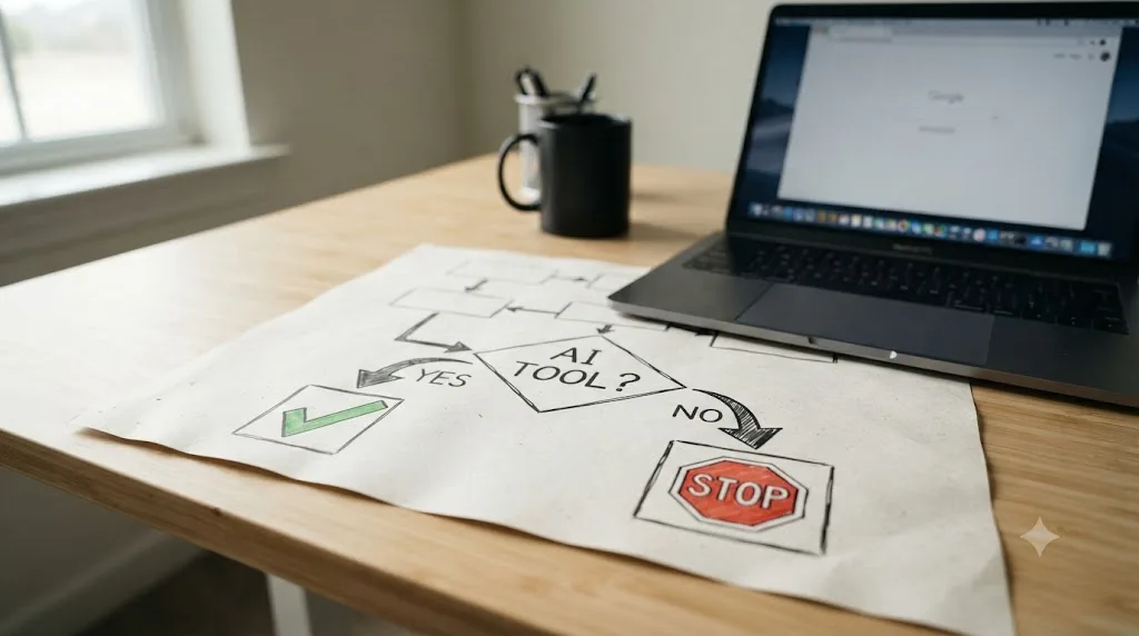 Illustration of a flowchart decision tree with branching paths leading to a checkmark or a stop icon before using an AI tool