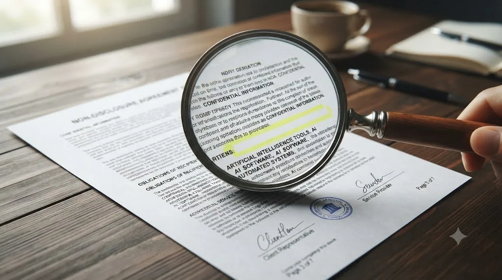 Illustration of a magnifying glass over an NDA document highlighting a missing clause about artificial intelligence tools