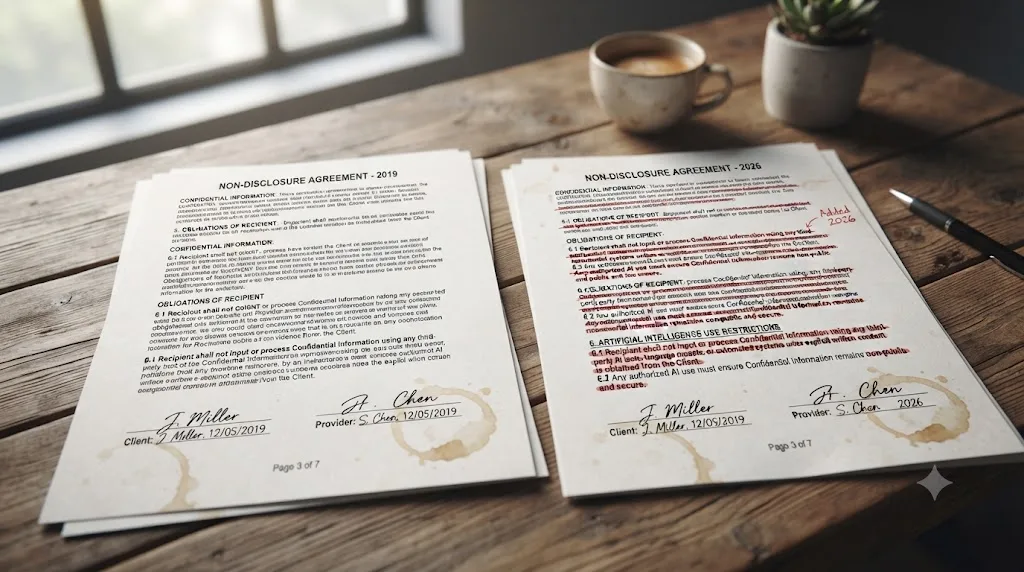 Illustration comparing an older NDA contract page with no AI clause against a 2026 version redlined to add one