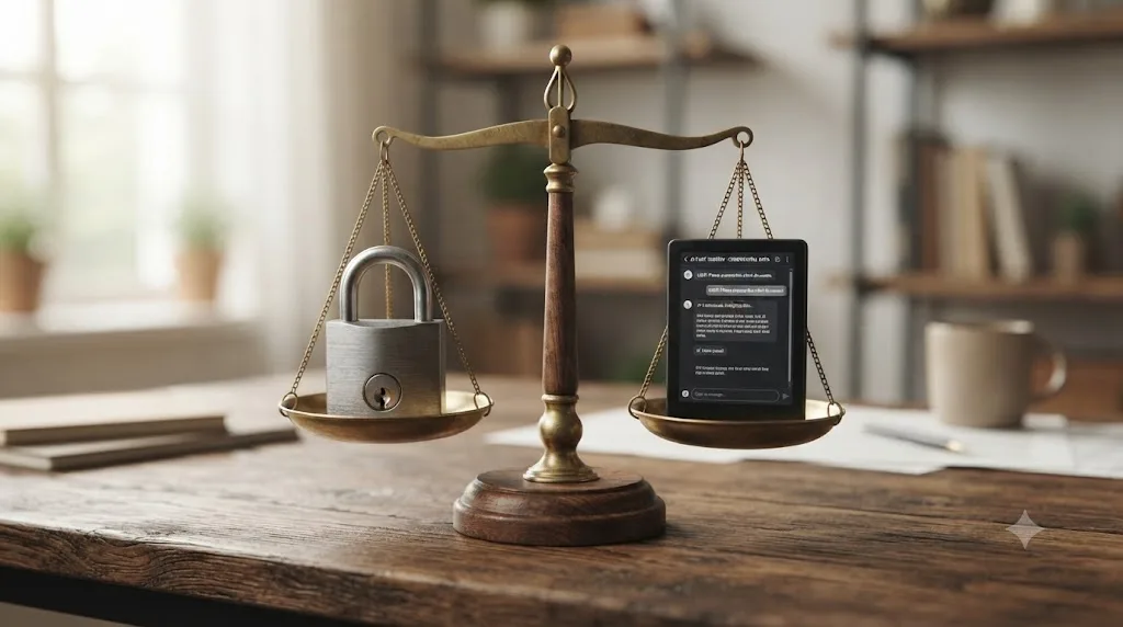 Illustration of a scale weighing a padlock against an open AI chat window representing the reasonable care standard for confidentiality