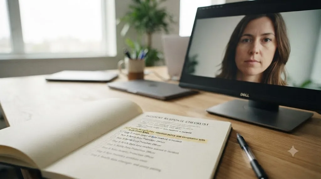 Illustration of a signed talent release form beside a video frame of a person's face with an AI processing icon between them