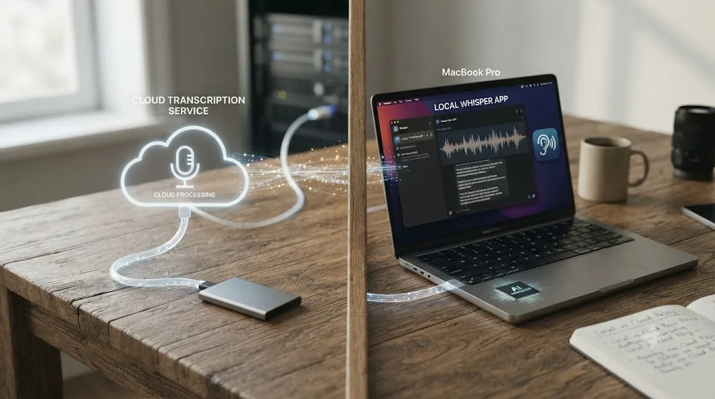 Illustration comparing a cloud transcription service receiving audio against a local Whisper app processing audio entirely on a Mac laptop